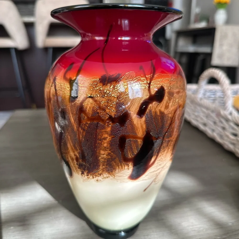 Signed Nourot Studio Art Glass Vase, Hand Blown Sommerso, Red Gold Cream